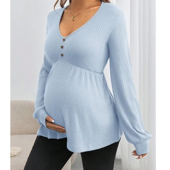 Maternity Solid V neck Button Detail Long Sleeve Top